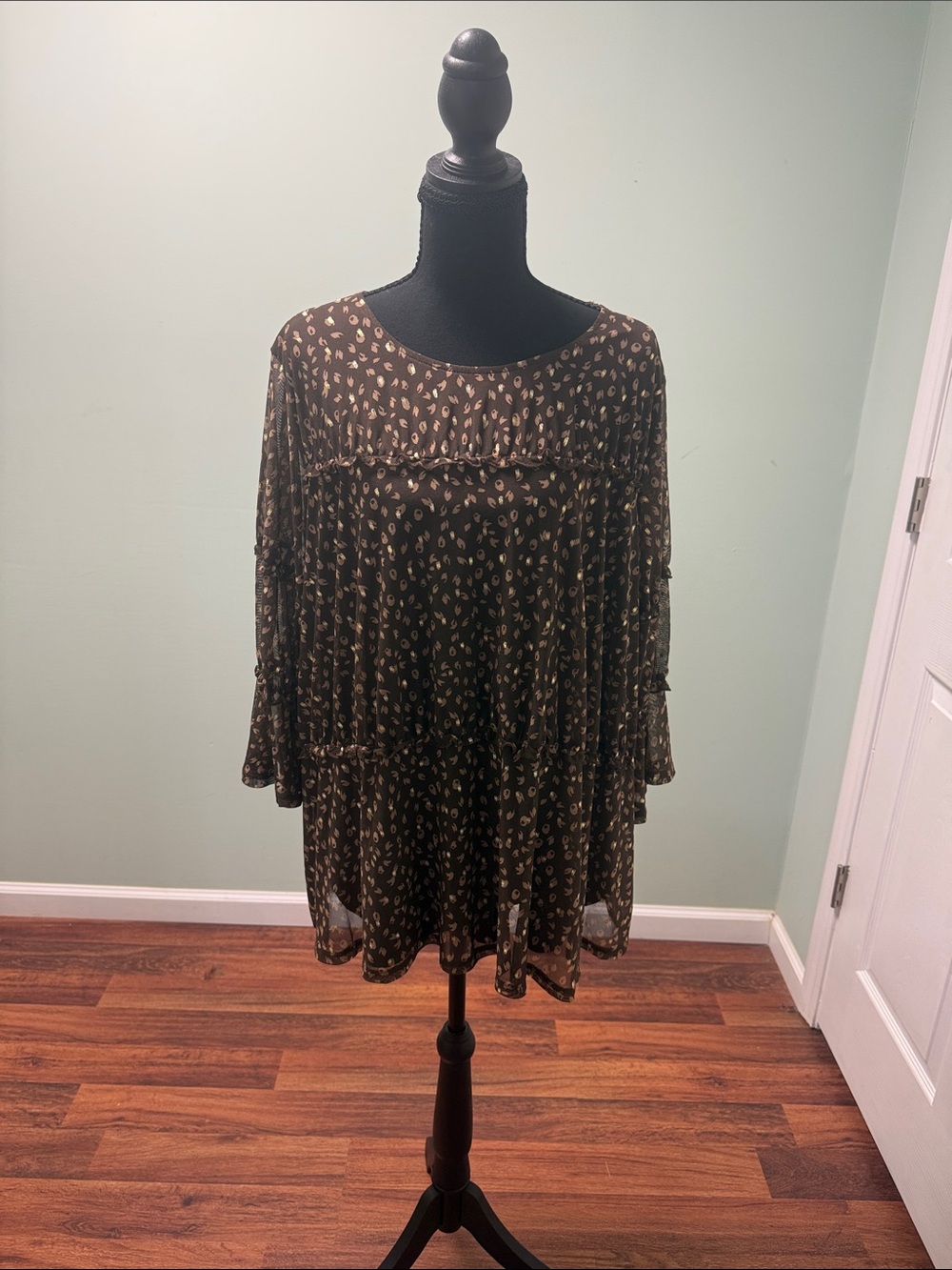Kim Rogers Brown Sheer Printed Peasant Top